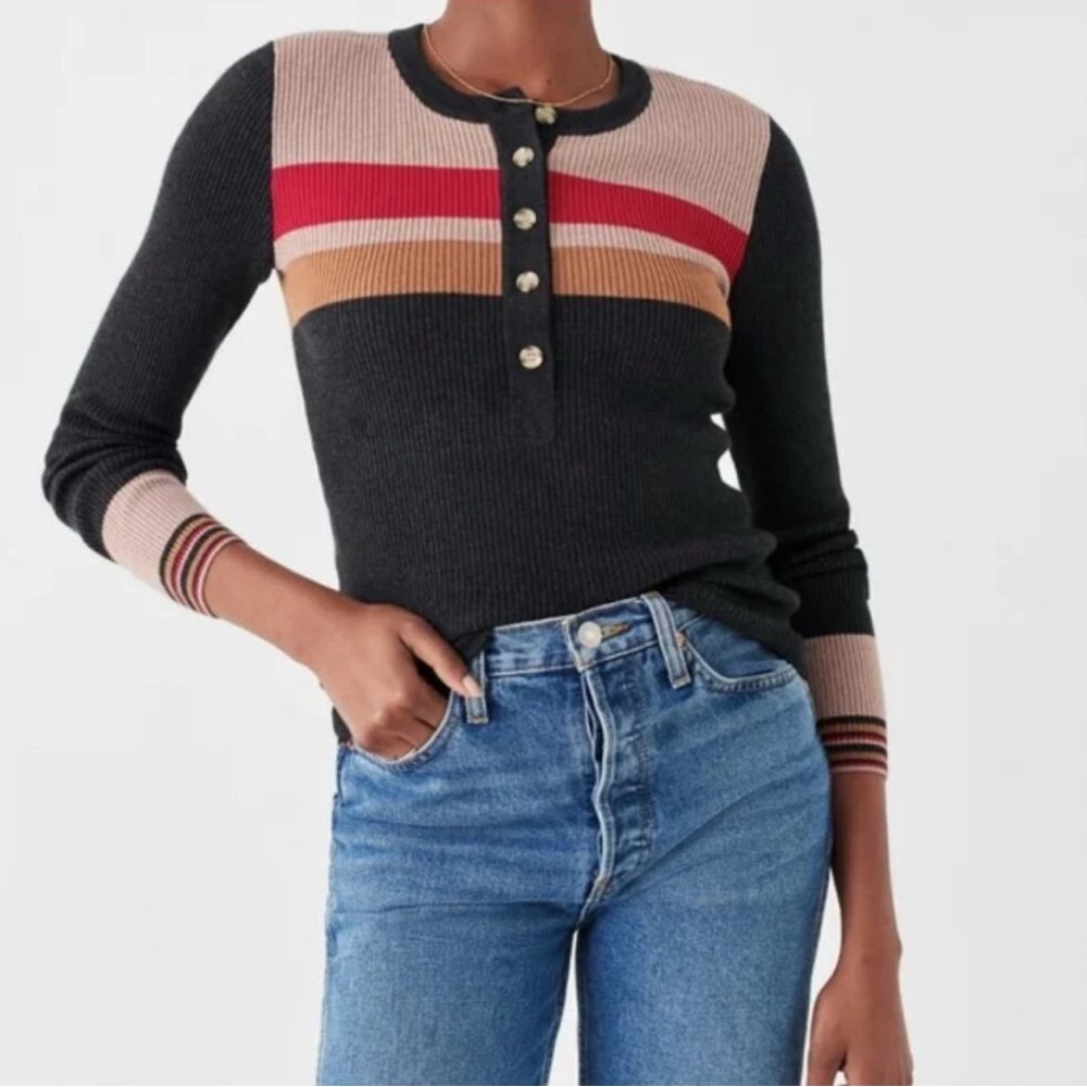 Faherty Gray Mikki Henley Ribbed Cashmere Blend Top- Medium
